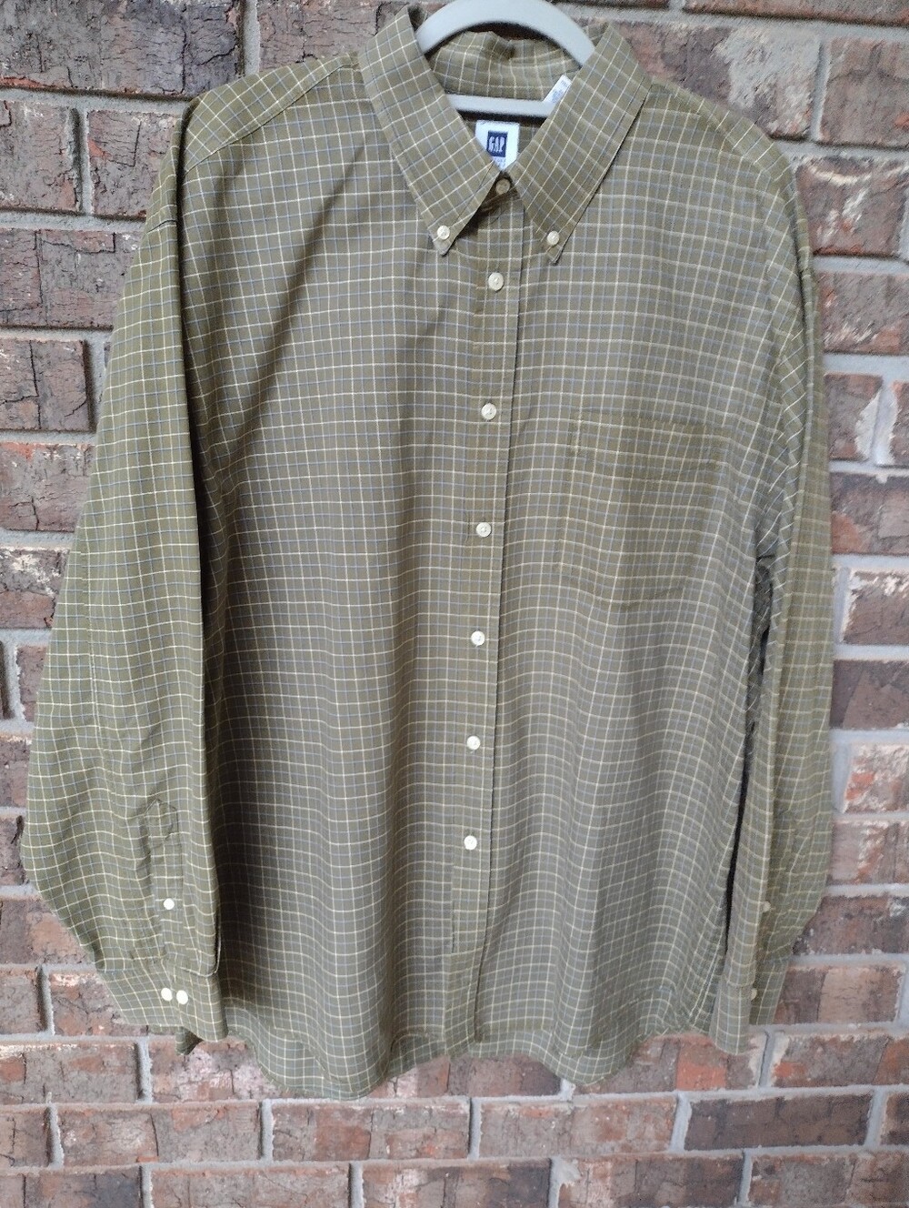 VTG GAP Button Down Shirt Men's XL Sage Green W/ Blue White Checked Long Slvs